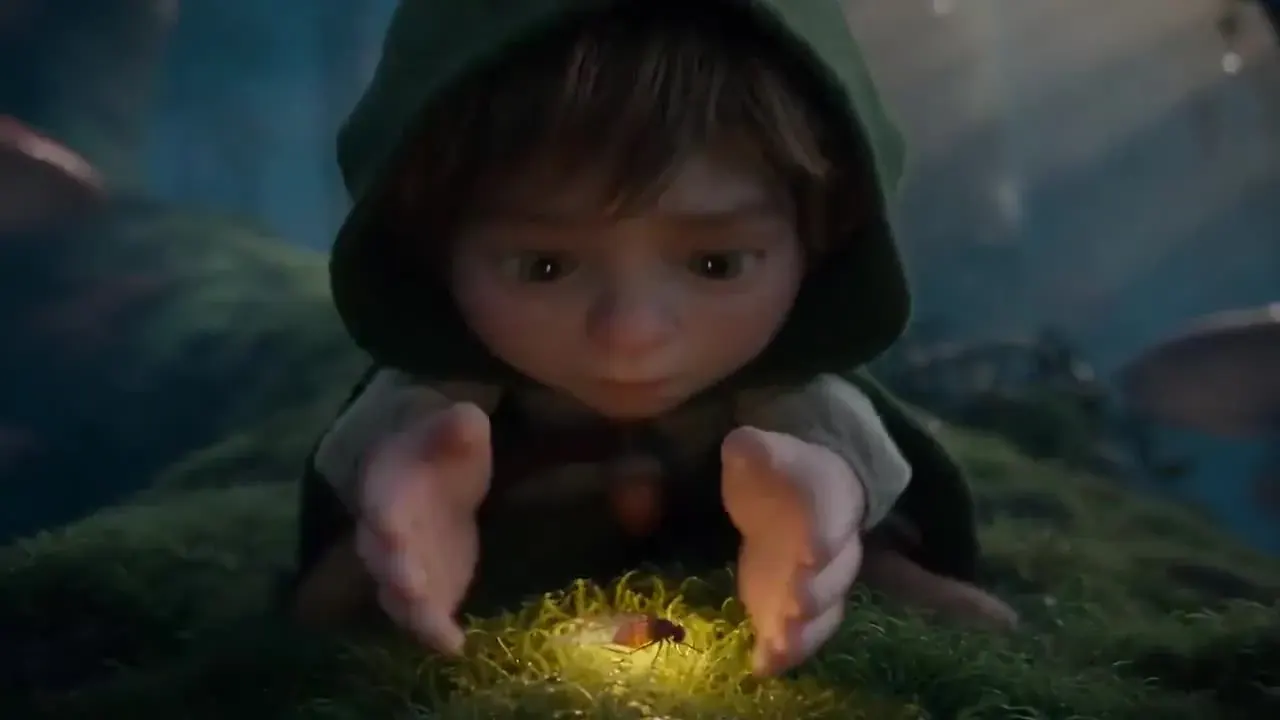 3D-style AI animation example: a hooded child cupping a glowing firefly in a misty forest (illustration)
