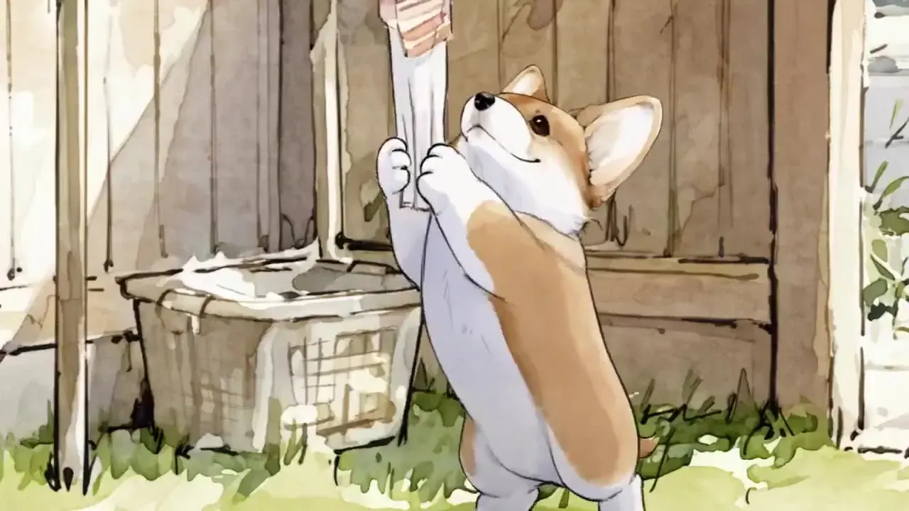 Watercolour-style AI animation example: a corgi chasing a sheet blown off the washing line in a sunny backyard (illustration)