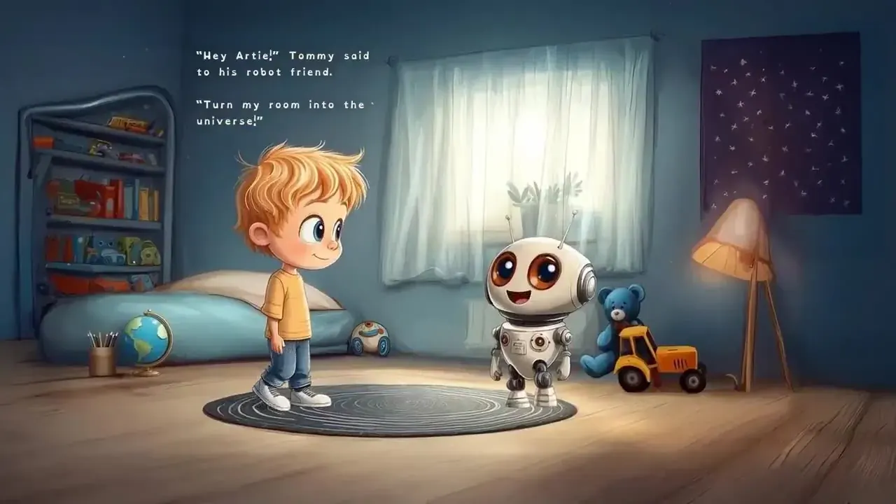Cartoon-style AI animation example: a little boy meeting his small white robot friend in a cosy bedroom (illustration)