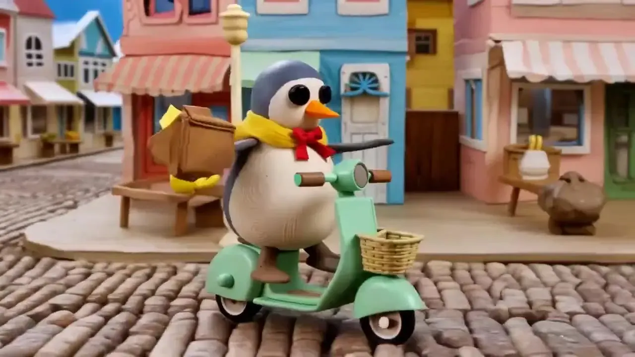 Claymation-style AI animation example: a clay penguin in a yellow scarf riding a mint scooter down a cobbled street (illustration)