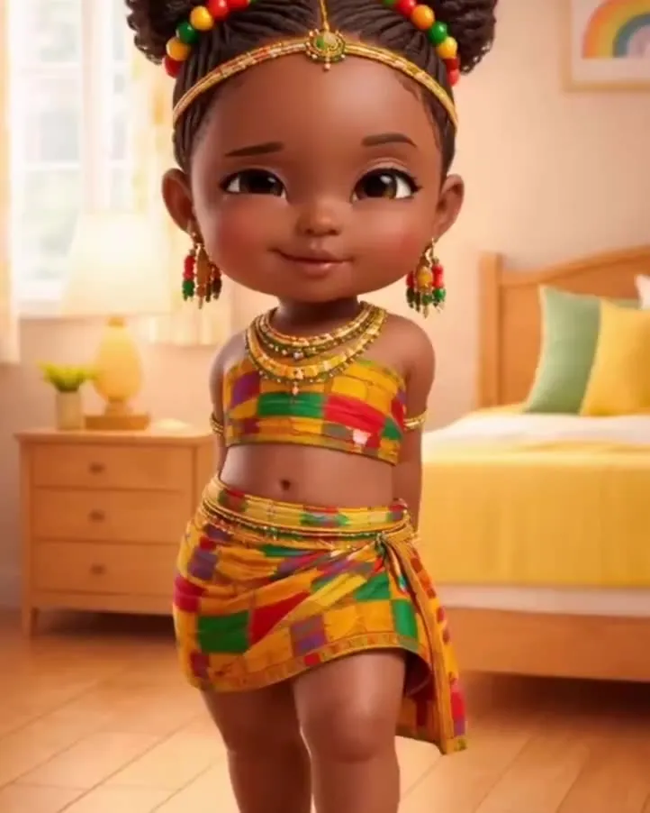 A 3D cartoon little girl in a colourful kente-print outfit and beads dancing in a sunny bedroom
