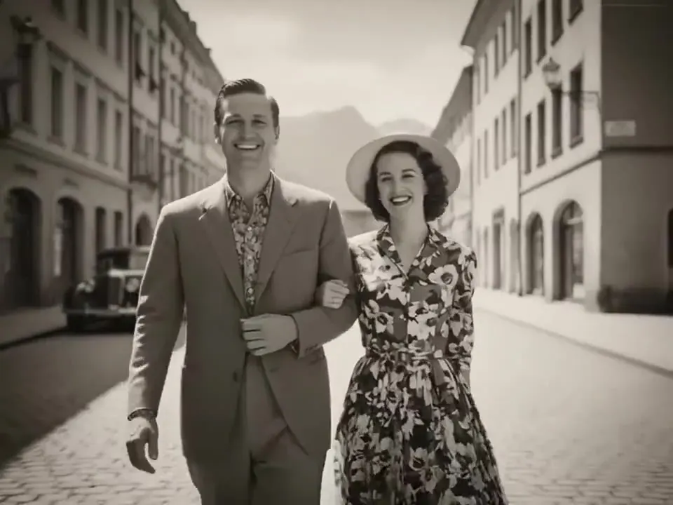 The same street brought to life: the couple stroll toward the camera, arm in arm