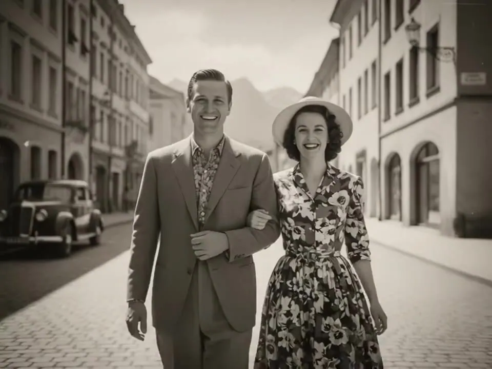 Sepia photo of a smiling couple walking arm in arm down a cobbled town street, before animation
