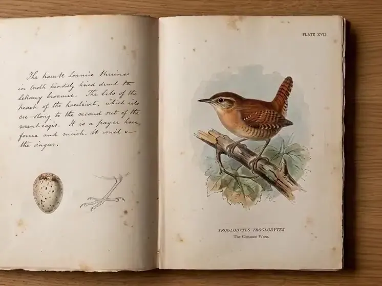 Kling AI prompts: a pencil sketch of a wren in an old field notebook turning into a colour plate