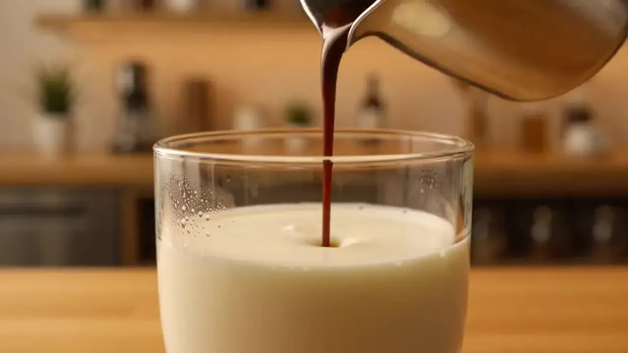 Grok image to video prompt illustration: espresso pouring into a glass of milk and swirling into dark ribbons