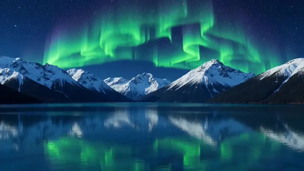 Grok video generator prompt illustration: green northern lights rippling over snowy peaks and mirrored in a still lake