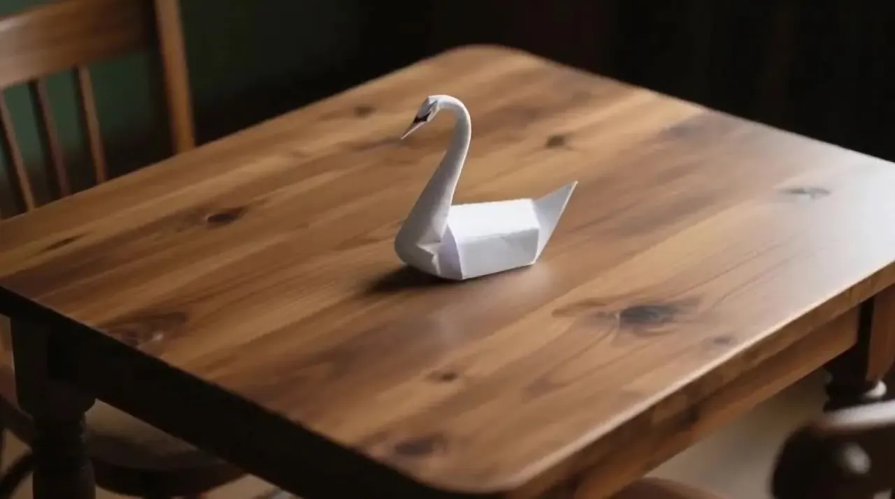 Hailuo 02 paper-folding recipe illustration: a blank sheet on a wooden table folding itself into an origami swan