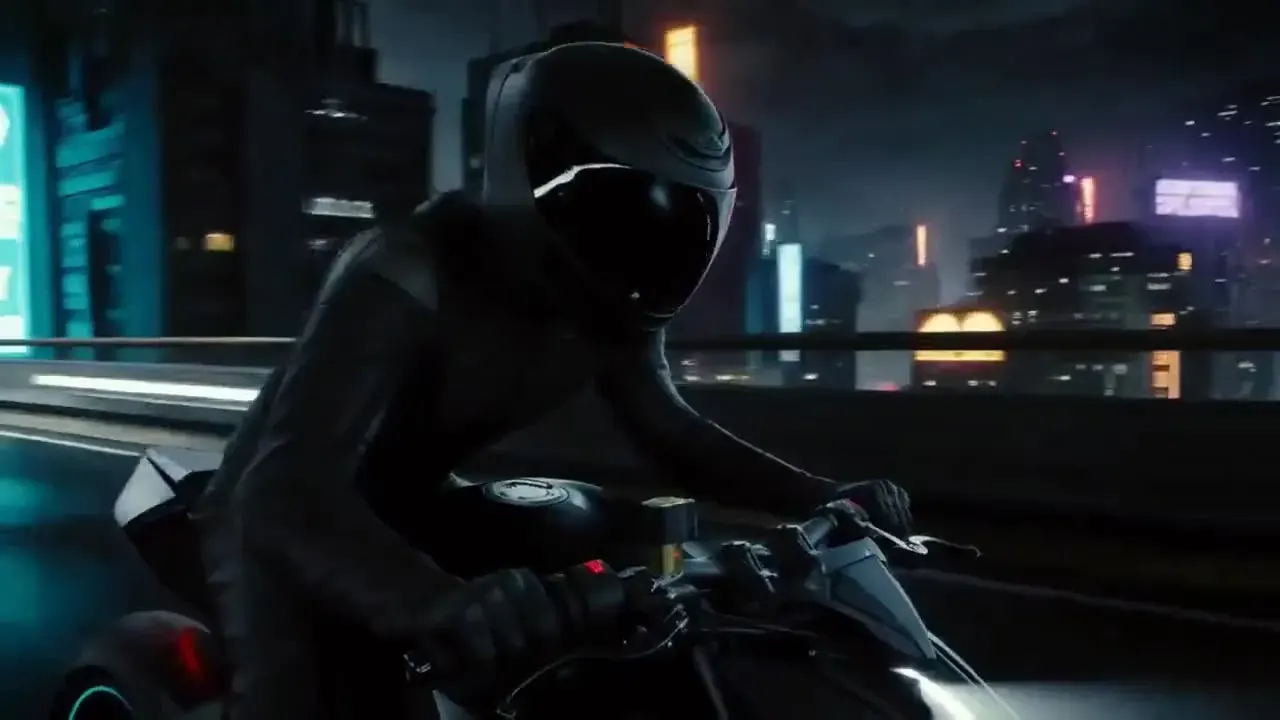 Hailuo 02 vehicle recipe illustration: a motorcyclist in black leathers racing along a neon-lit city highway at night