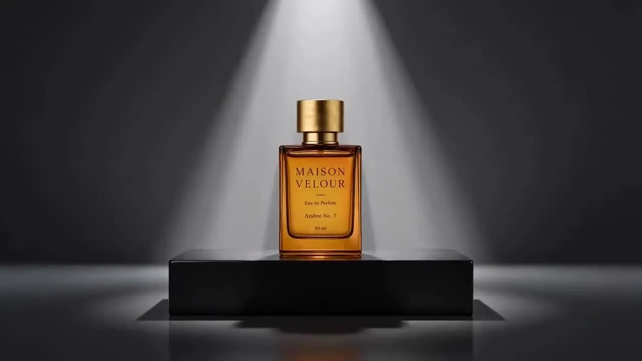 Hailuo 02 product recipe illustration: an amber perfume bottle on a black pedestal under a spotlight