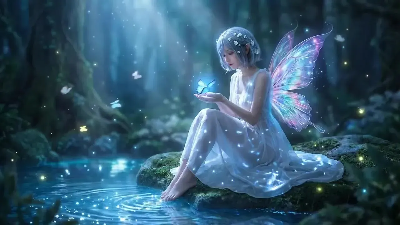 Wan 2.5 animation recipe illustration: a fairy with iridescent wings holding a glowing butterfly beside a forest pool at night