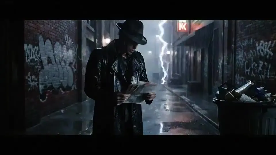Veo 3 dialogue recipe illustration: a detective in a fedora and trench coat in a rain-soaked alley at night