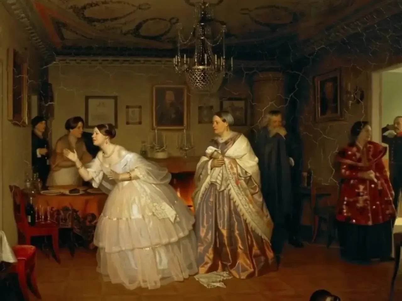 19th-century parlour painting animated so the young woman in white and her family move