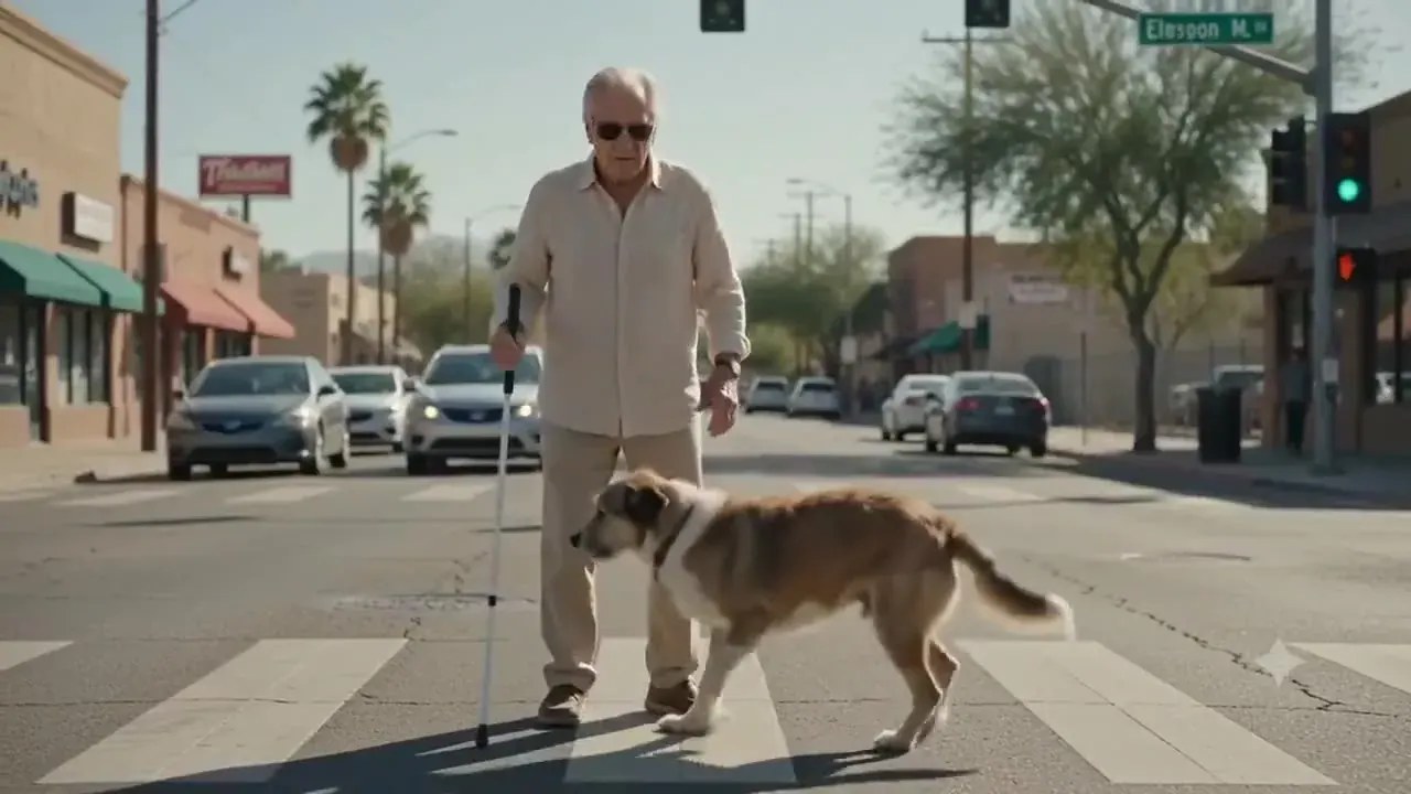 Shaggy dog guiding an elderly man across a sunny crosswalk, brought to life from a pet photo