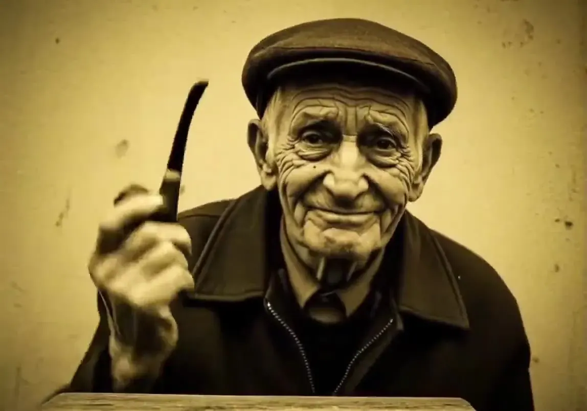 Sepia portrait of an elderly man in a flat cap holding a pipe, animated with photo to video AI