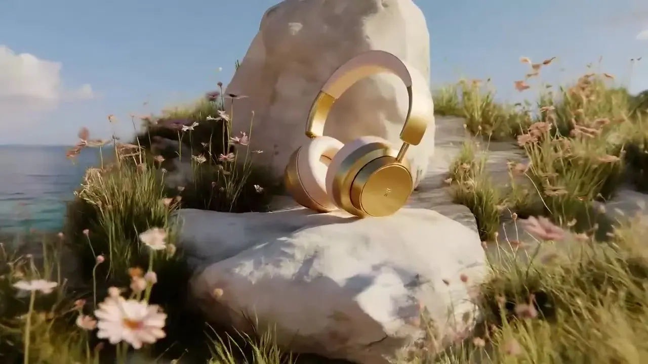 Gold headphones on a seaside rock among wildflowers, turned from a product photo into a video loop