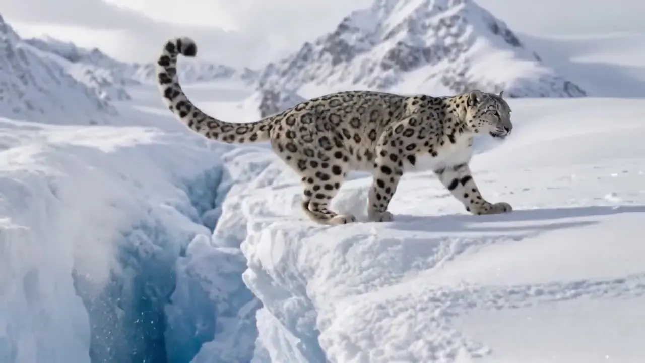 Snow leopard landing and padding across the glacier, animated by Kling 3.0