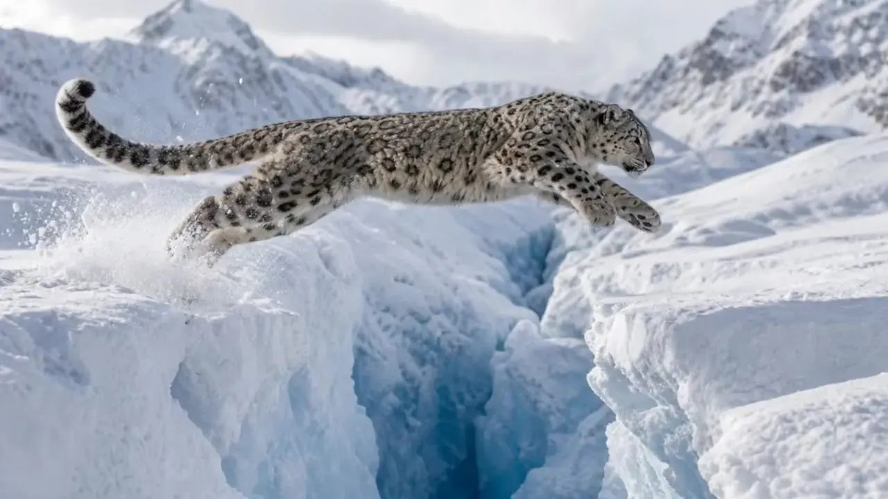 Photo of a snow leopard leaping a glacier crevasse below snowy peaks