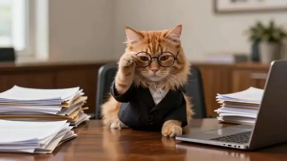 Office cat waving and tossing papers, animated with Kling 2.5 Turbo image to video
