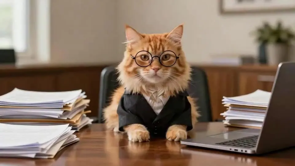 Photo of a ginger cat in round glasses and a suit at an office desk