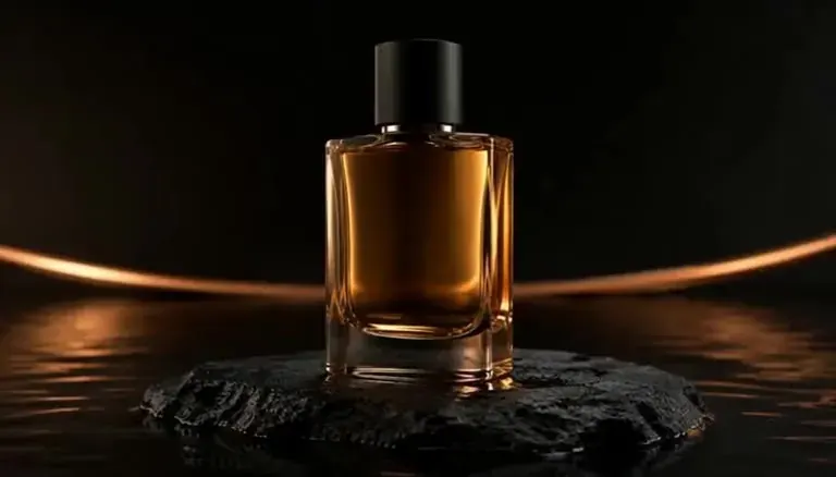 Product photo of an amber perfume bottle