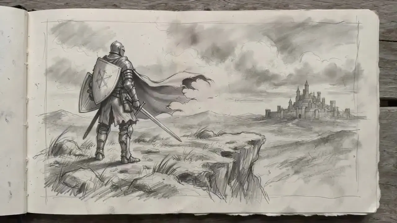 Start and end frame AI video illustration: a pencil storyboard of a knight on a cliff above a castle, his cape now billowing in the wind