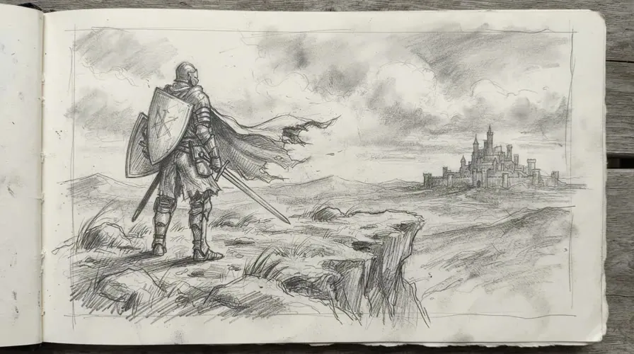 Pencil storyboard sketch of an armoured knight with a shield on a cliff, looking toward a distant castle