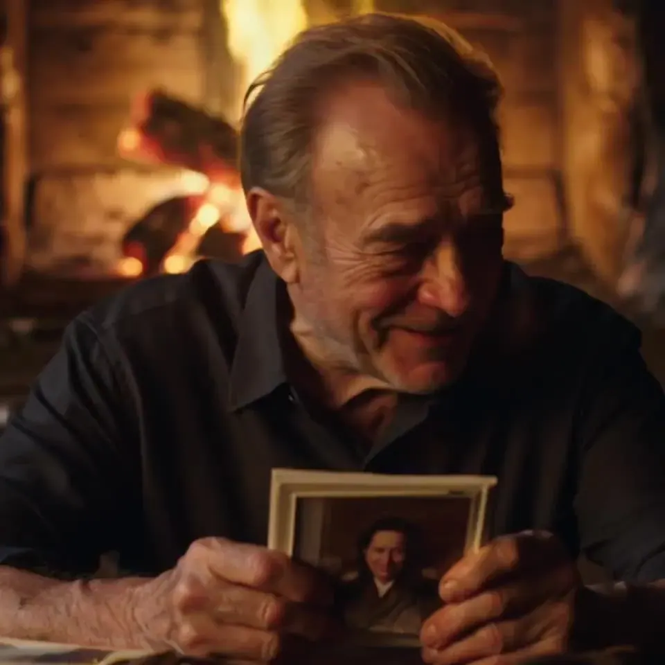 Illustration for the Kling 2.5 Turbo slot: an old man by the fire smiling at an old photograph