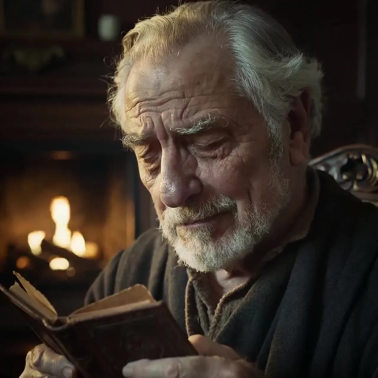 Illustration for the Kling 3.0 slot: the old man smiling as he reads by the fire
