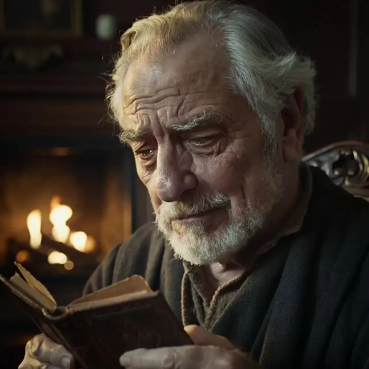 Start photo: a white-bearded old man reading a small worn book beside a fireplace