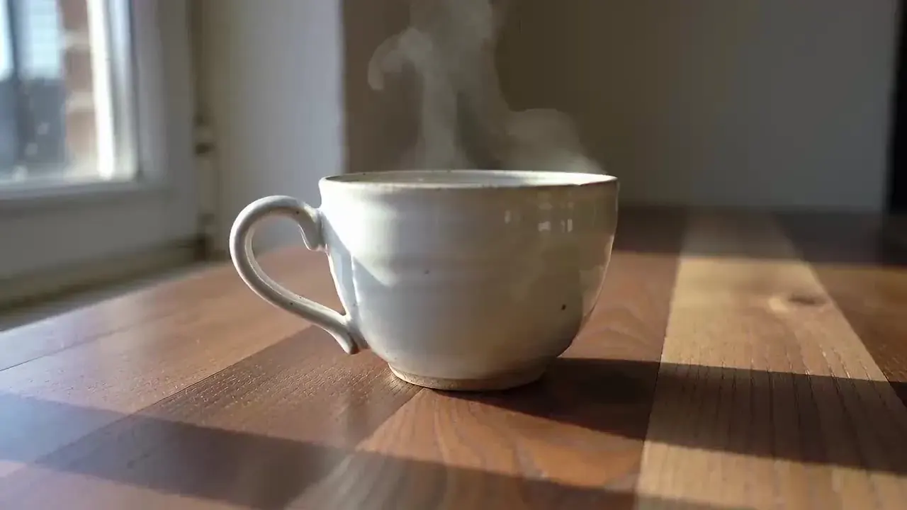 Illustration of a Kling 2.5 Turbo draft: a steaming cup on a sunlit wooden table by a window