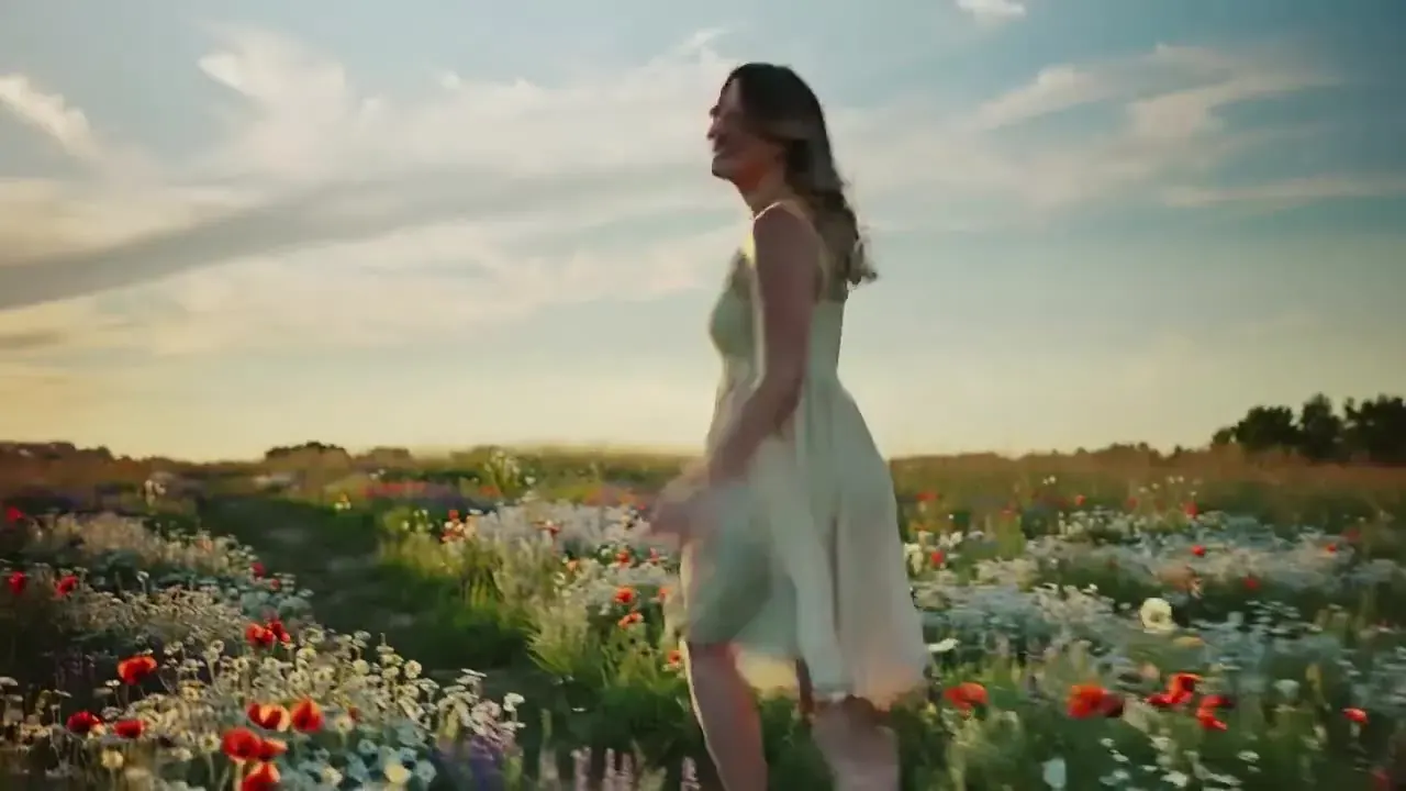 Kling 2.5 Turbo prompt idea: a woman twirling through a wildflower meadow