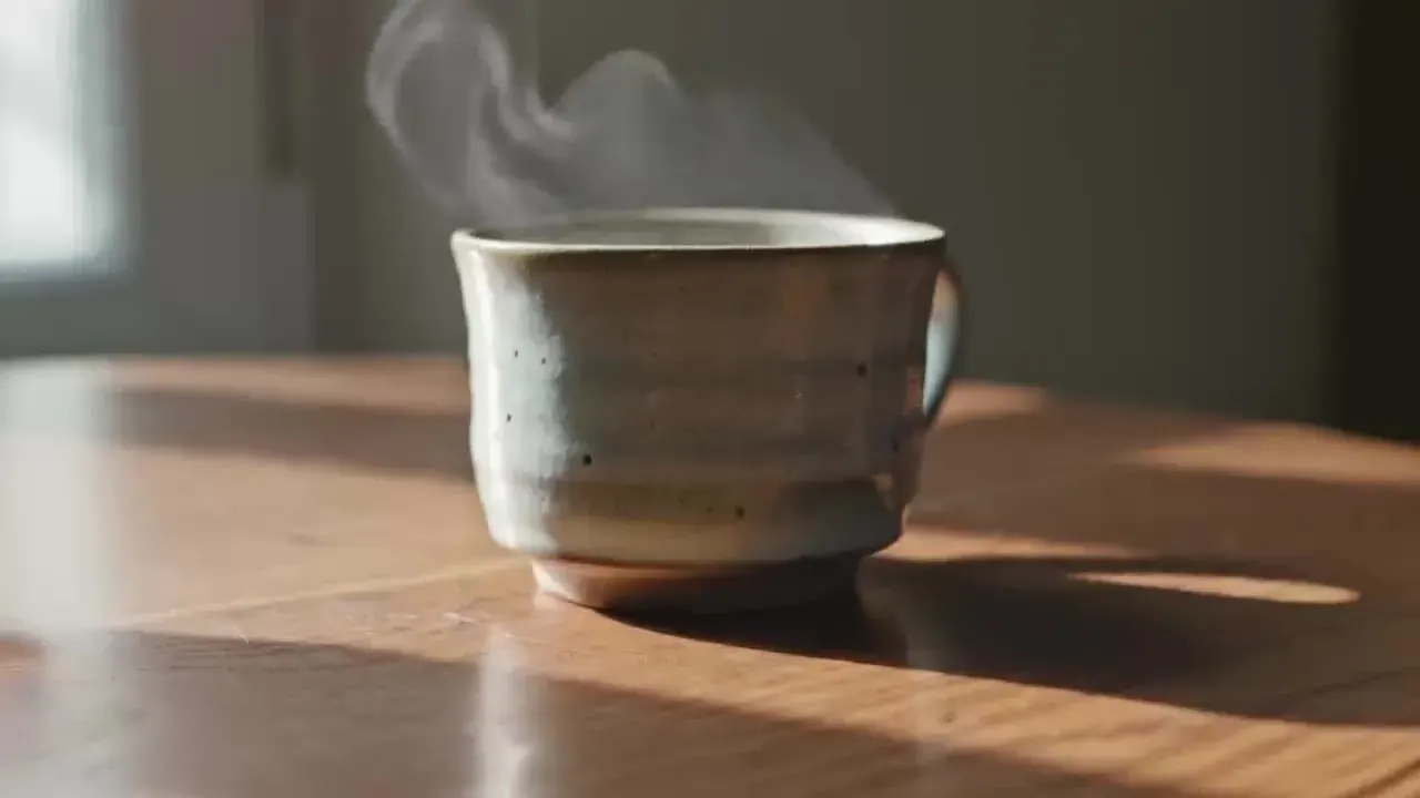 Illustration of a Kling 3.0 final: the same cup shot with steam curling through soft side light
