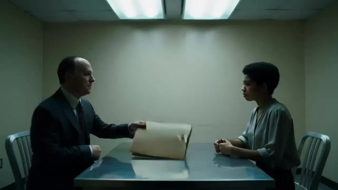 Kling 2.6 native audio (illustration): a man and a woman talking across a table in a bare interview room