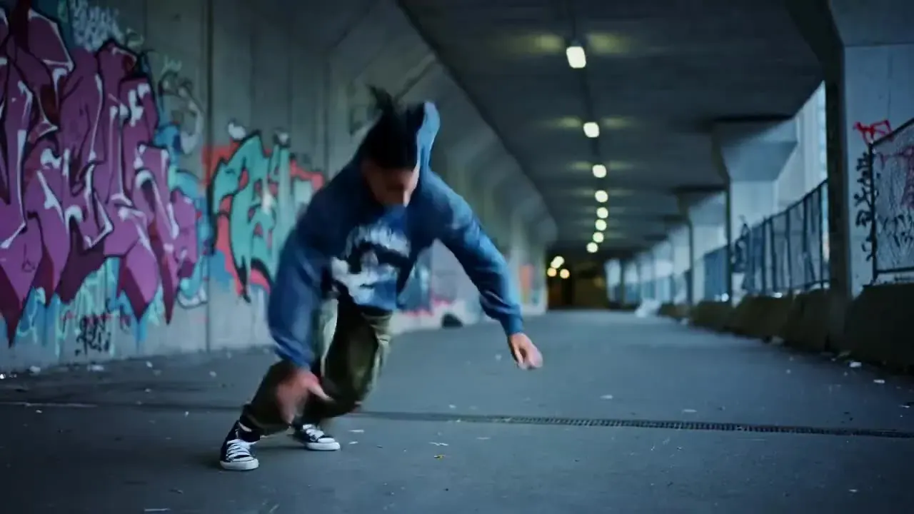 Illustration for the Kling 2.5 Turbo slot: a breakdancer spinning on the floor of a graffiti-covered underpass