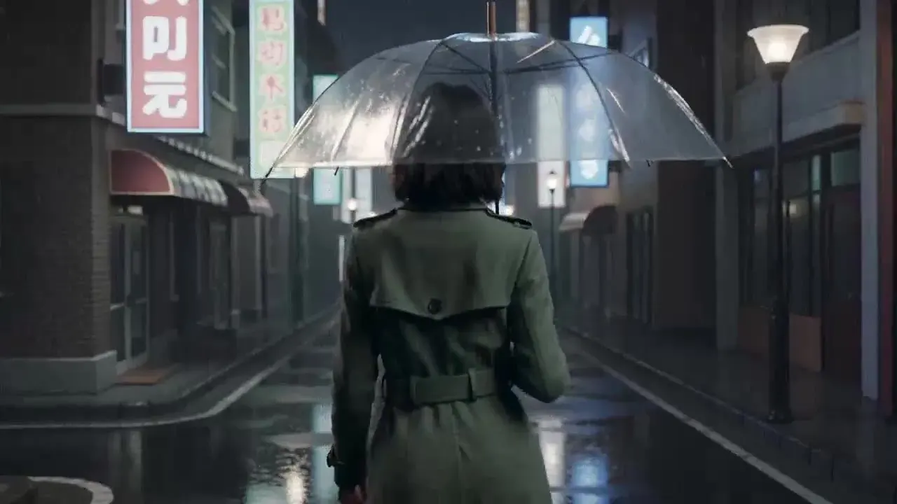 Illustration for the Kling 2.6 slot: the woman under her clear umbrella turning to look up at the rain