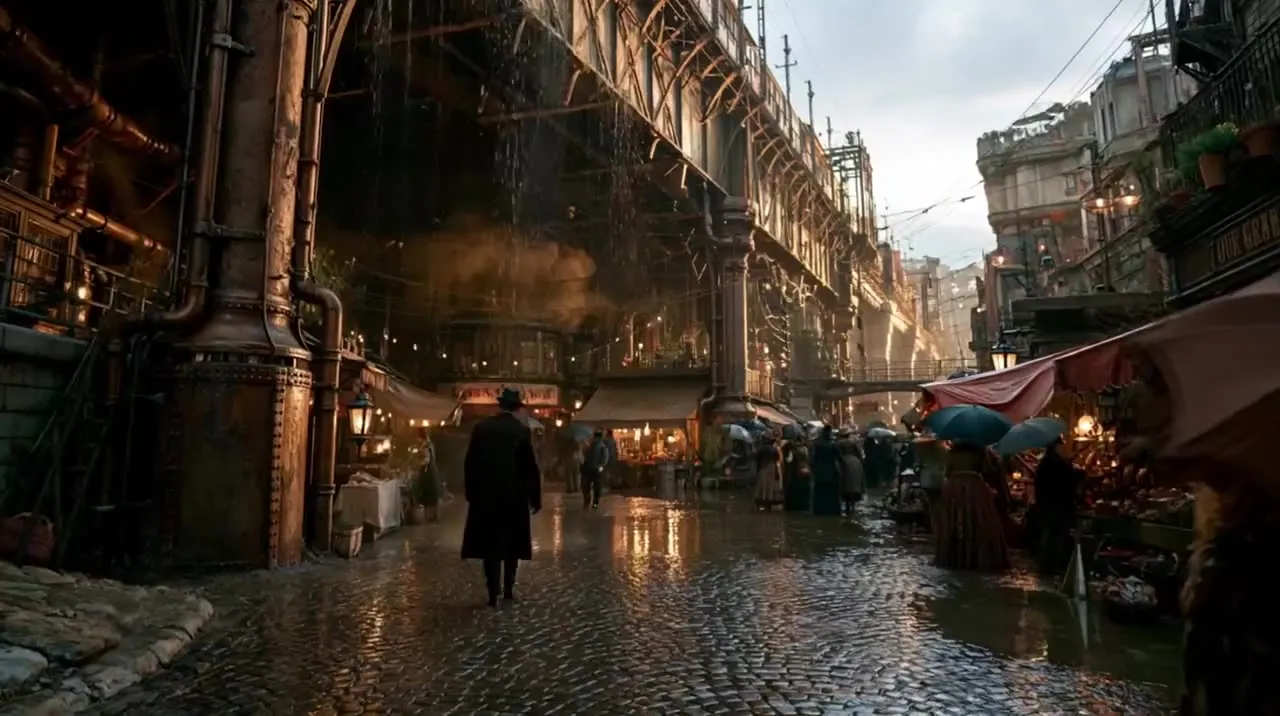 Illustration for the Kling 3.0 Turbo slot: a man in a long coat walking through a rainy steampunk market under an iron bridge