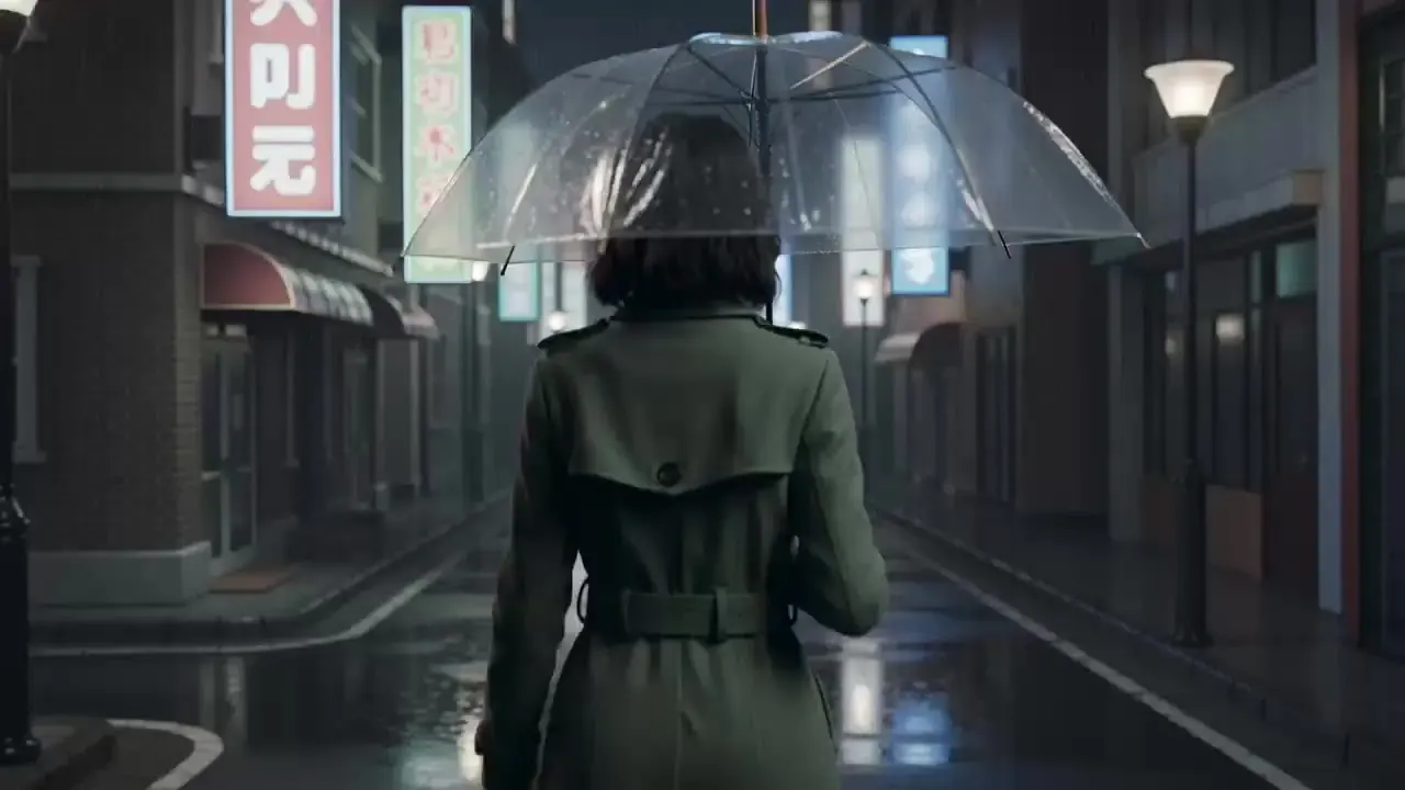 Start frame: a woman in a green trench coat with a clear umbrella on a rainy street at night