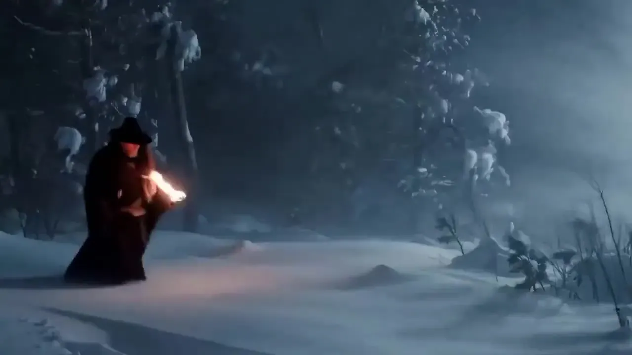 Illustration of a Kling O1 edit: the same snowy forest, now with a cloaked traveller carrying a torch