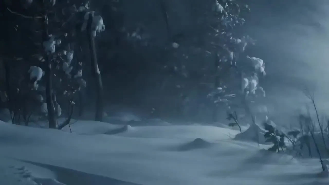Original shot: an empty snowy forest at night, wind blowing powder across the drifts