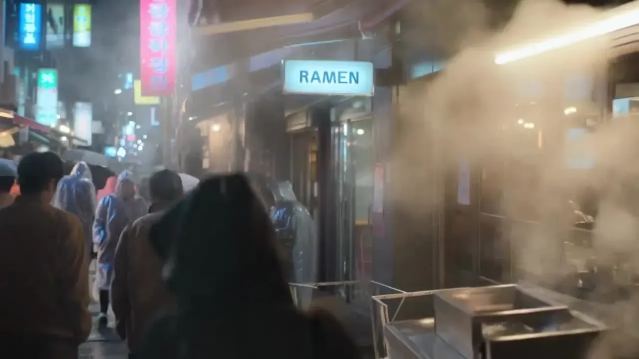 Photo to video AI example: a steaming night-market alley on a rainy evening, animated from a single photo
