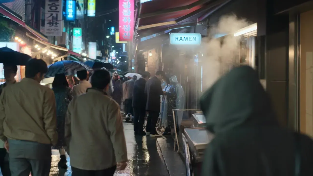 Source photo for the photo to video AI model test: a rainy night-market alley with umbrellas, neon signs and steam rising from a food stall
