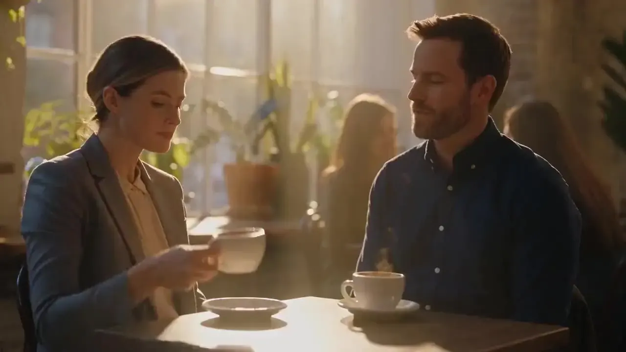 Seedance 2.5 multi-shot prompt illustration: a woman and a man chatting over coffee at a sunlit café table