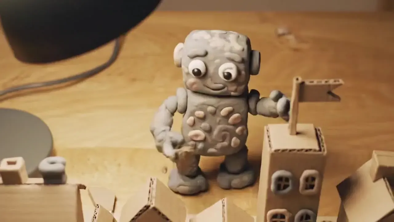 Text-to-video frame of a small clay robot building a cardboard town on a wooden desk