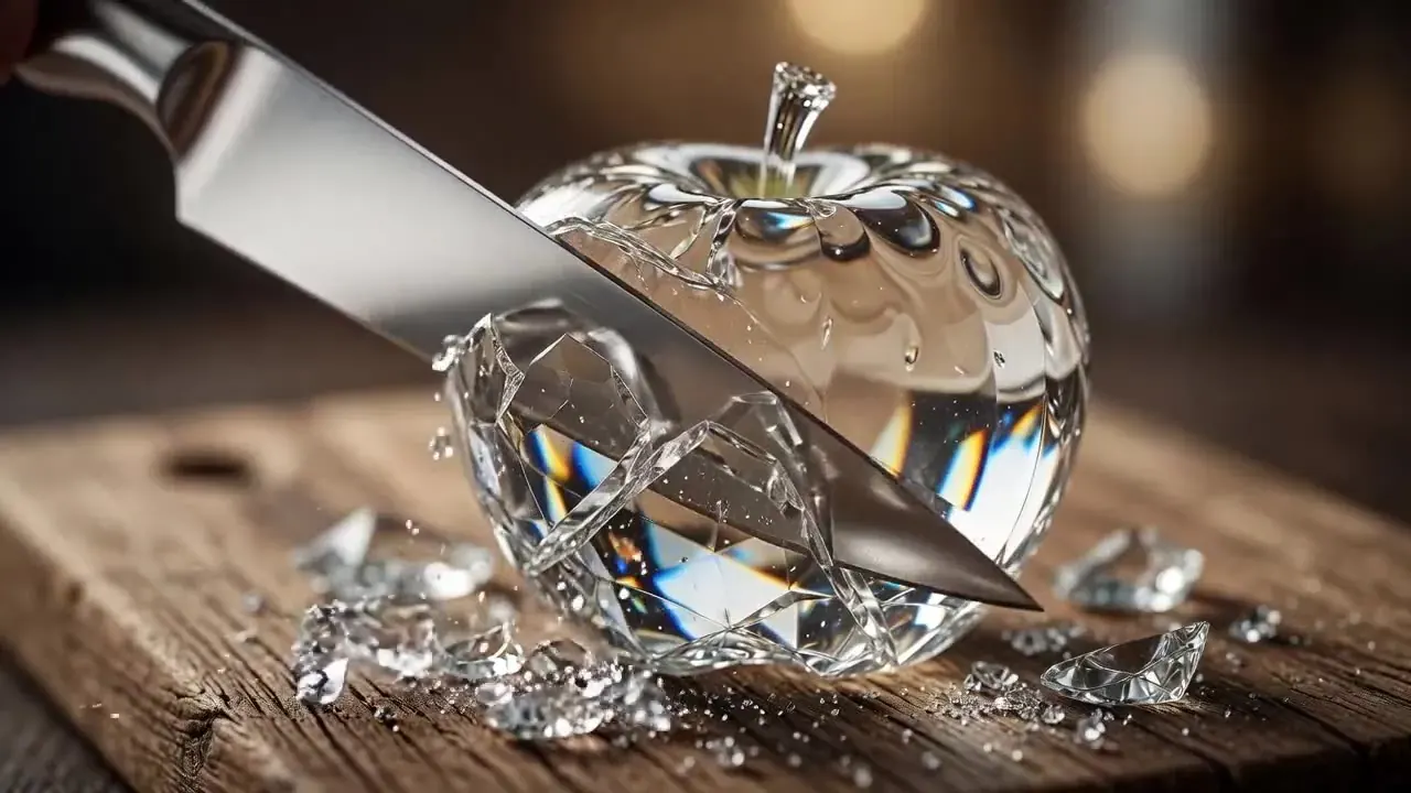 Text-to-video frame of a knife slicing through a crystal glass apple on a rustic wooden board