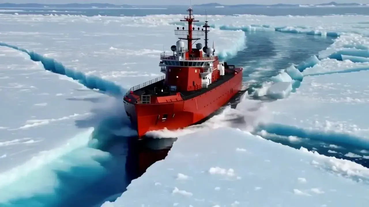 Text-to-video frame of a red icebreaker ship cutting a channel through white sea ice