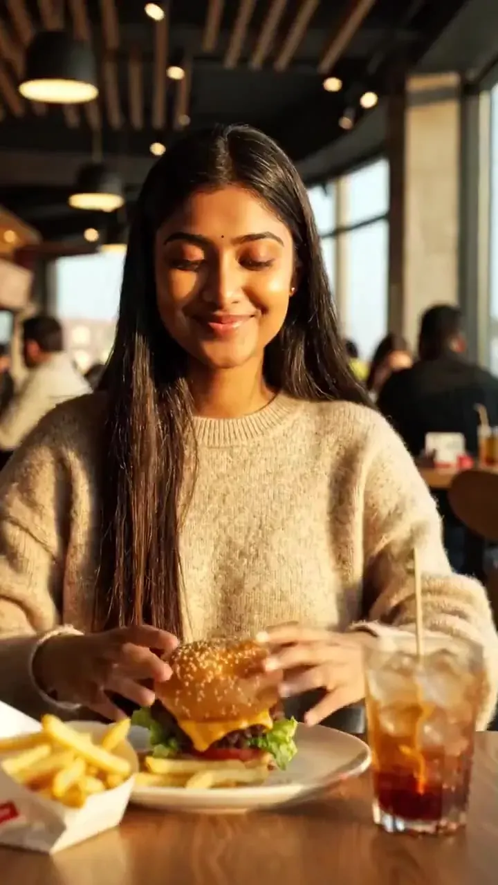 Veo 3 sound-effects recipe illustration: a young woman biting into a cheeseburger at a sunlit restaurant table
