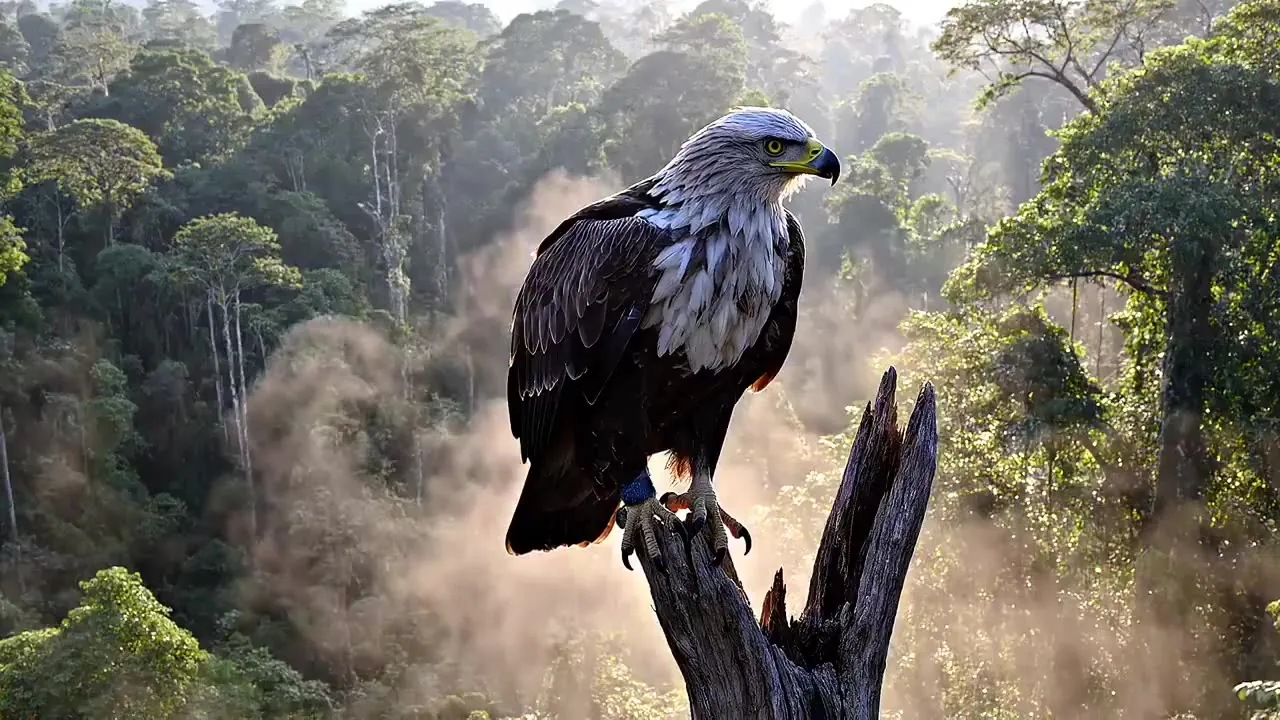 Veo 3 ambience recipe illustration: an eagle perched on a dead tree above a misty rainforest