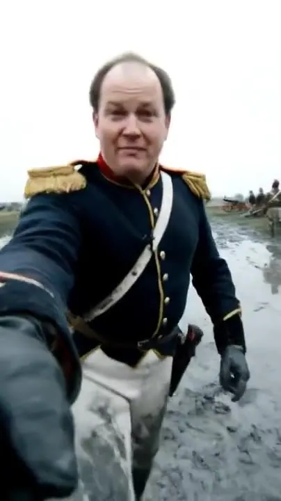 Veo 3 vertical recipe illustration: a soldier in a 19th-century uniform talking to camera on a muddy battlefield