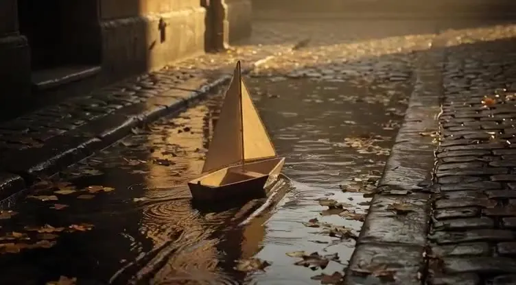 AI video extender illustration: a 5-second clip of a paper boat on a rainy cobbled street, extended to 20 seconds