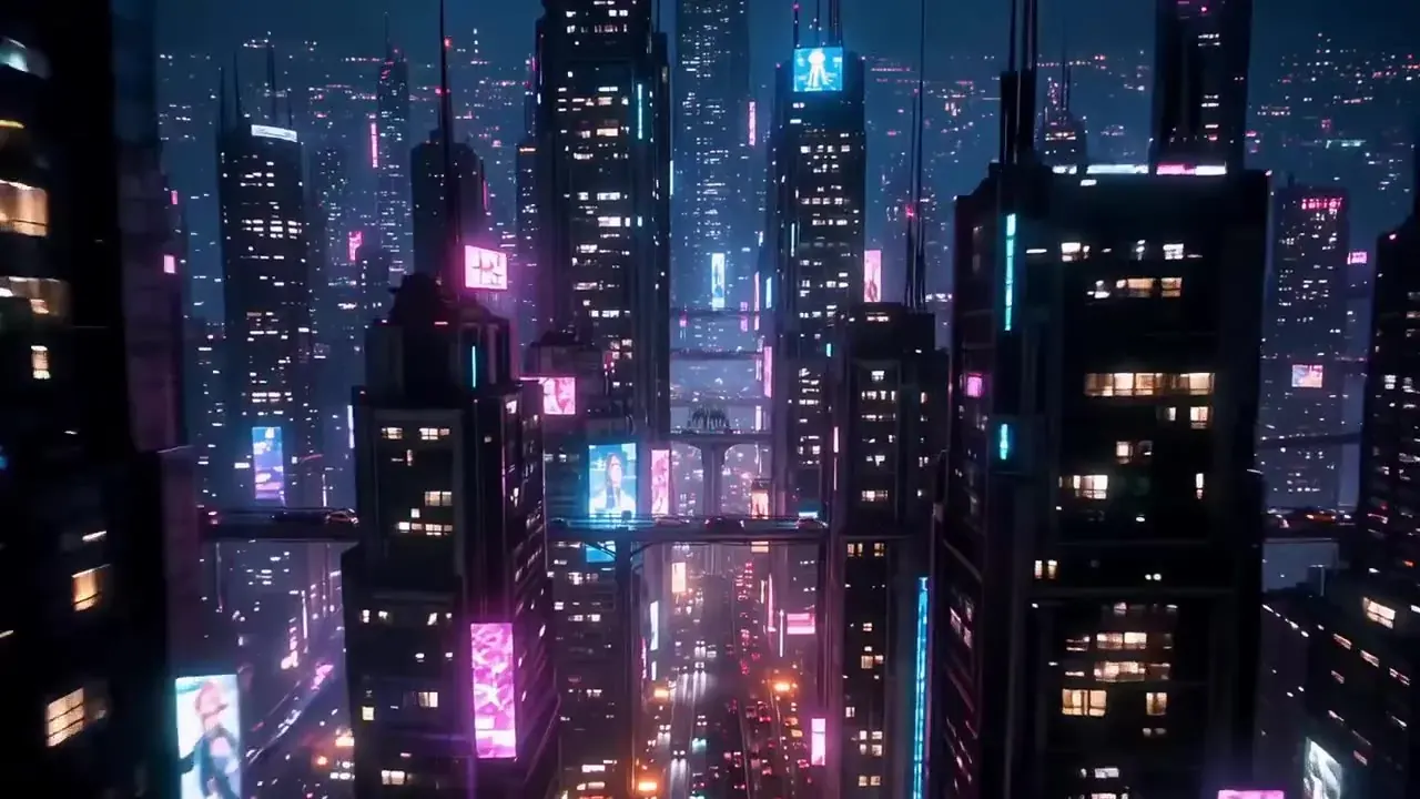 Wan 2.5 sci-fi recipe illustration: a pink-haired woman in headphones walking through a neon cyberpunk city crowd at night